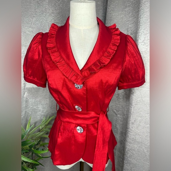 Cachet Women’s Vintage Rhinestone Button Belted Blouse Red Sz 6 Petite - Picture 2 of 9